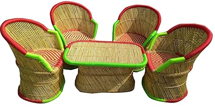 Ecowoodies Ballota Handicraft Cane Furniture Set ( 5 Chairs + 1 Table)