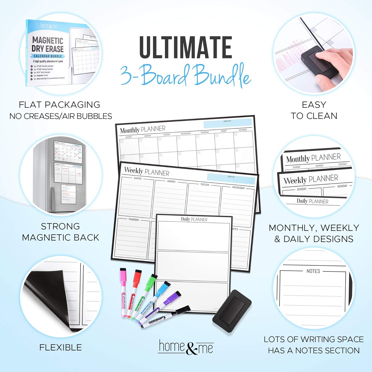 Magnetic Dry Erase Calendar Bundle for Fridge: 3 Boards Included - Monthly, Weekly, Daily Calendar Whiteboard 17x12" - 6 Fine Tip Markers and Large Eraser with Magnets, Refrigerator White Board Wall : Office Products