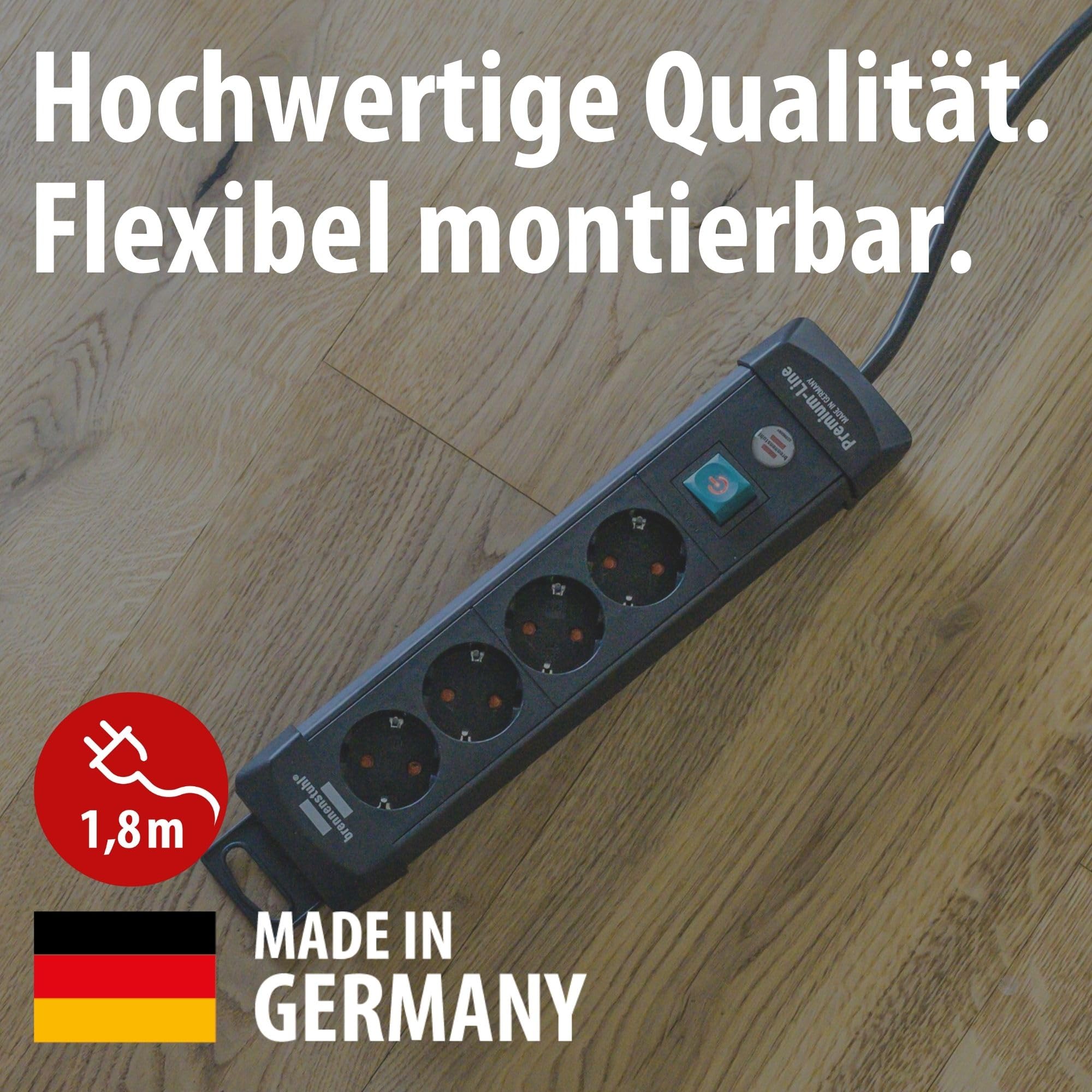 Brennenstuhl Premium-Line Steckdosenleiste 4-Fach (Mehrfachsteckdose mit Schalter und 1,8m Kabel -45° Winkel der Schutzkontakt-Steckdosen, Made in Germany) schwarz 2