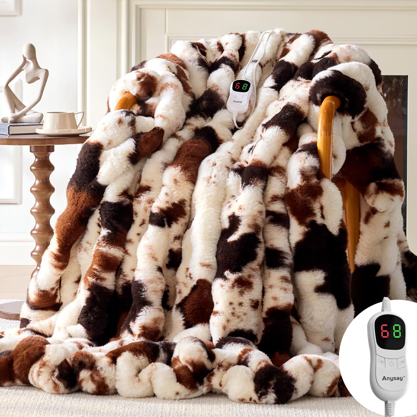 Photo 1 of Anysay Heated Blanket Throw with 1/2/4/6/8 Hours Auto-Off 10 Heat Level, 62'' * 84'' Cozy Faux Rabbit Fur Bubble Electric Blanket with Overheat Protection(Brown Cow)