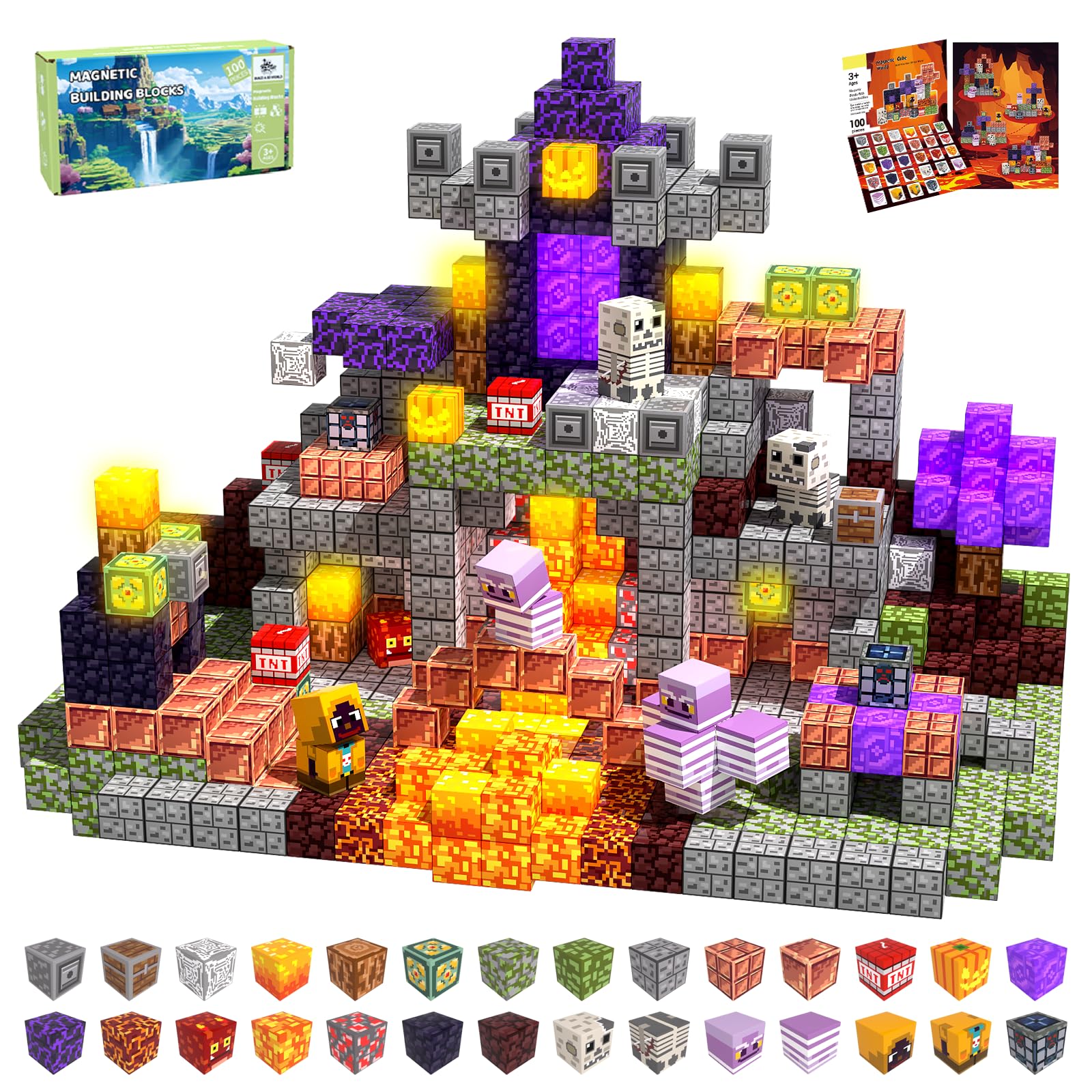 SSAWER Magnetic Blocks, 100PCS Magnetic Building Blocks Light Up, Stacking Magnets for Kids, Sensory Toy for STEM Constructions Magnet Blocks for Boys Girls Age 3+, Christmas Birthday Gifts Image