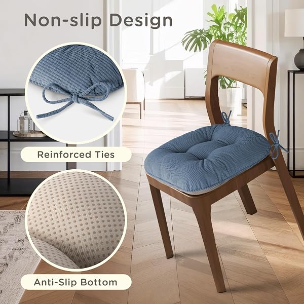 MINECOZY INDOOR DINING CHAIR CUSHIONS SET OF 6 KITCHEN CHAIR PADS WITH TIES TUFTED SEAT CUSHION WITH ANTI-SLIP BACKING 17″X16″X3″ LIGHT BLUE