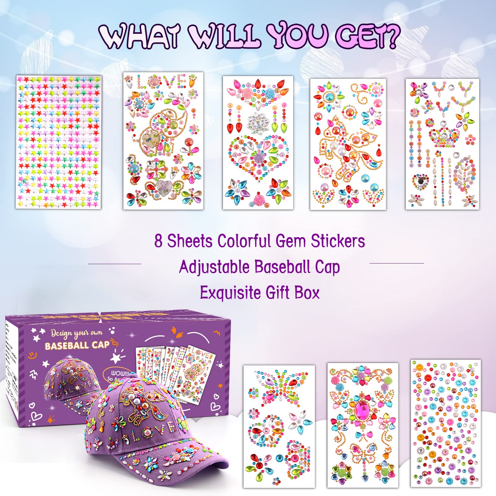 Coosilion Gifts for Girls 4 5 6 7 8 9 10 12 Years Old-Decorate Your Own Baseball Cap with Cute Stickers, Arts & Crafts for Girls Ages 6-12, Birthday Gifts & Back to School Supplies for Kids