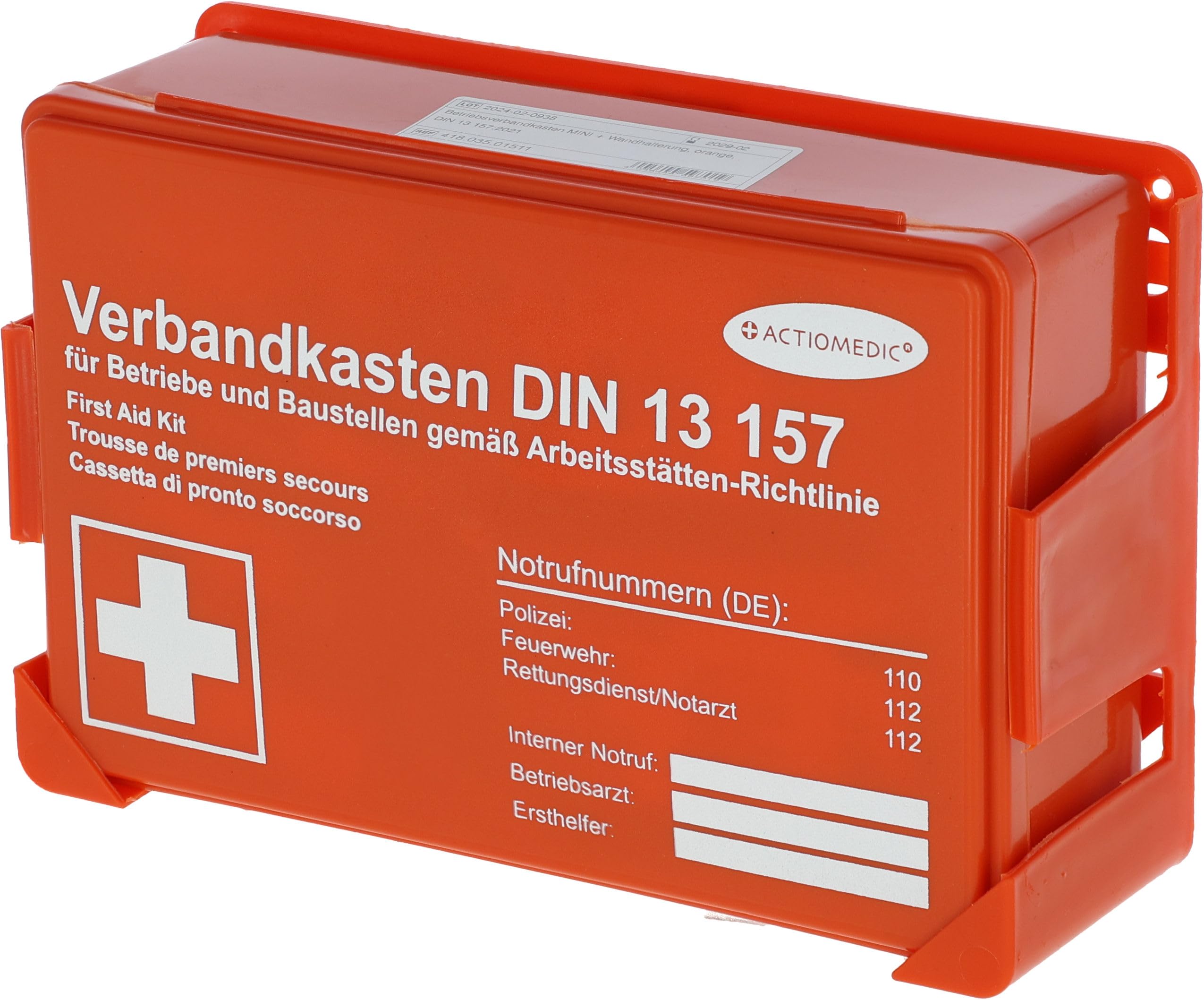 ACTIOMEDIC Mini Business First Aid Kit with Wall Mount for Stationary Use, DIN 13 157 I with Visual First Aid for Business, Orange, 26 x 8.5 x 18 cm