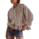 Lenader Women Peplum Button Down Shirts 3/4 Length Sleeve Business Casual Tops Crop Striped Oversized Shirts Blouses Tops