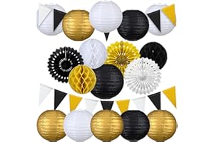 Hollowfly 20 Pcs 2026 New Years Party Decoration New Year Paper Lanterns Black Gold Party Decoration Paper Fan Hanging Honeycomb Ball Triangle Flag for Supplies Decorations