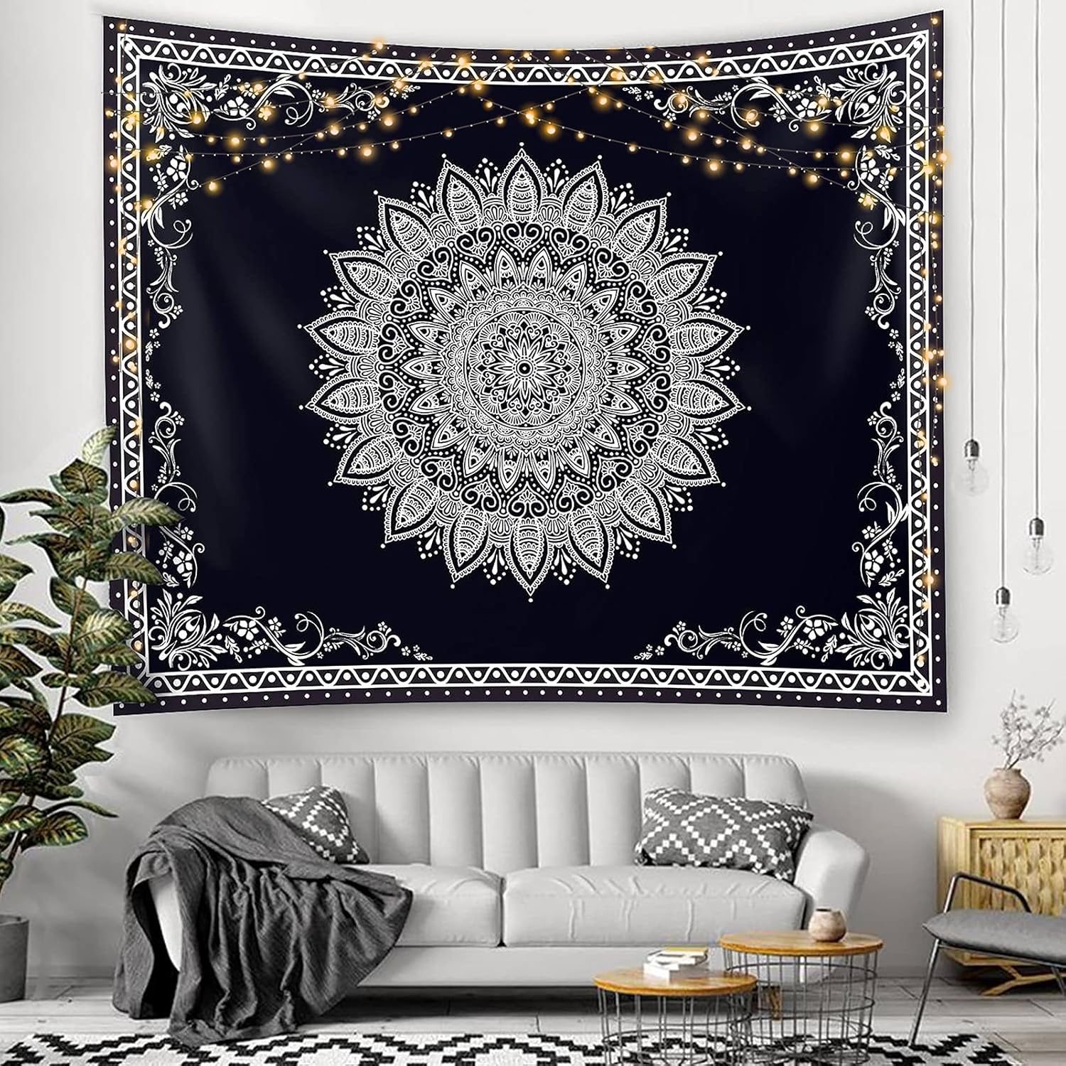 Starland Wall Tapestry,Black and White Floral Tapestry with Dotted Daisy,Wall Hanging Tapestry for Bedroom Aesthetic as Wall Art and Home Decor for Bedroom, Living Room, Dorm Decor (51.2Wx59.1L)