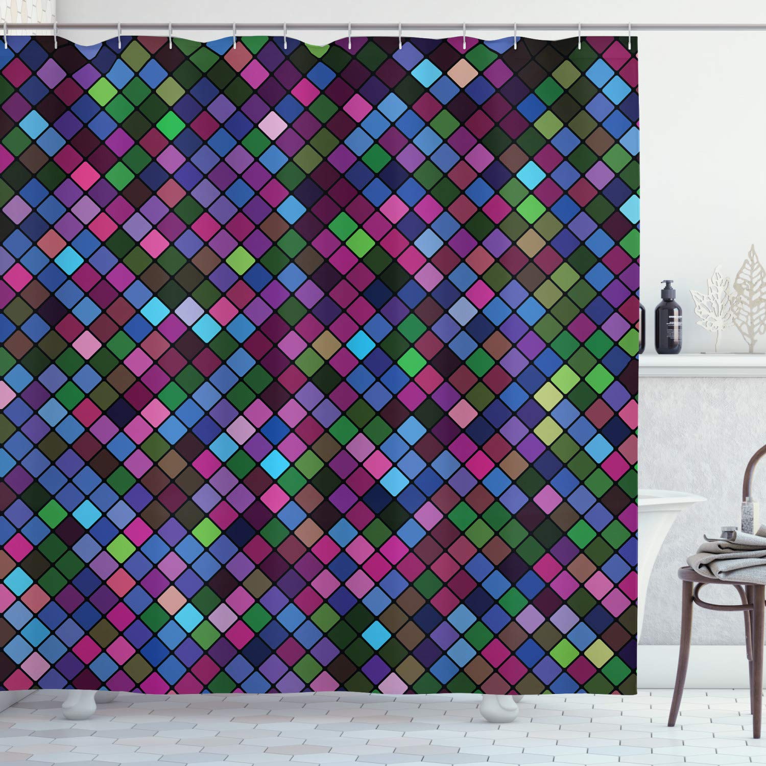 ABAKUHAUS Checkered Shower Curtain, Little Squares with Vibrant Colors in Diagonal Order Mosaic of Pixel Pattern, Cloth Fabric Bathroom Decor Set with Hooks, 70 Inches, Purple Multicolor