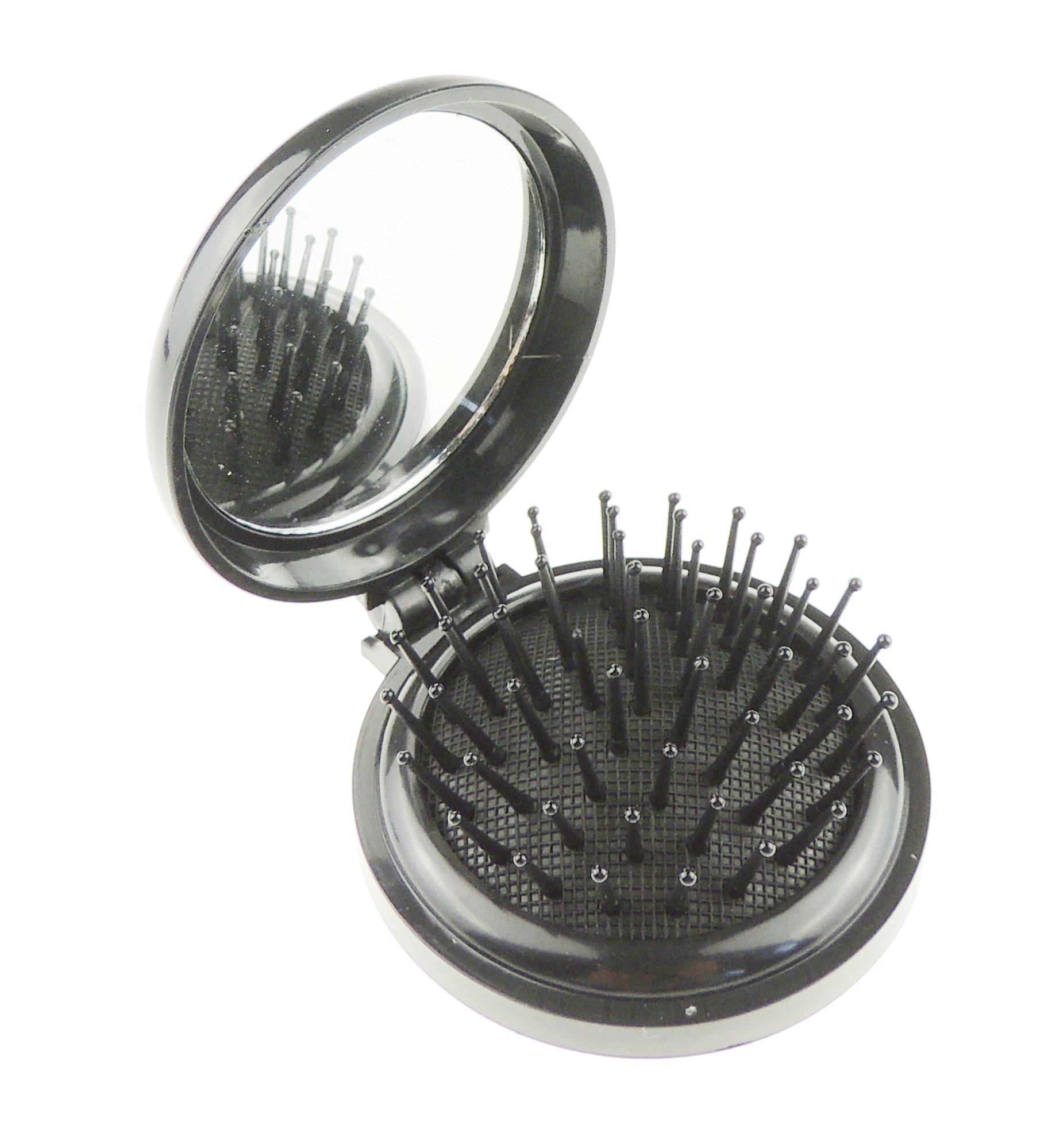Glamour Girlz Womens Mens Girls Handbag Purse Pocket Car Travel Round Mini Compact Folding Collapsable Small Wet Dry Long Short Curly Detangling Hair Brush Comb Hairbursh Makeup Mirror Black