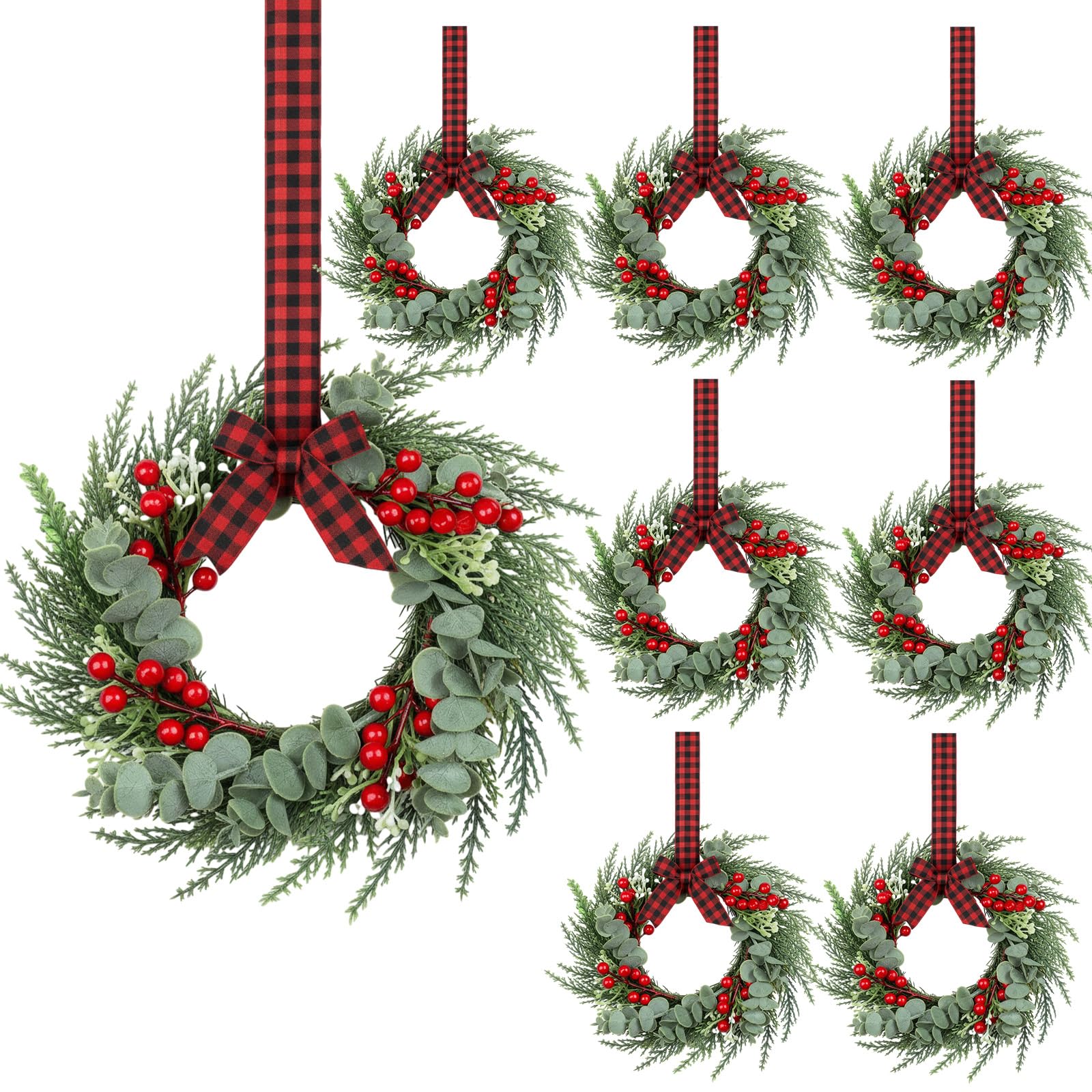 Photo 1 of 8 Pcs 8" Mini Christmas Wreaths for Kitchen Cabinet Small Christmas Candle Rings Wreaths, Front Door Pillars/Home Table Centerpieces Hanging Garlands, for Windows/Wedding Decor (No Red Ribbon)