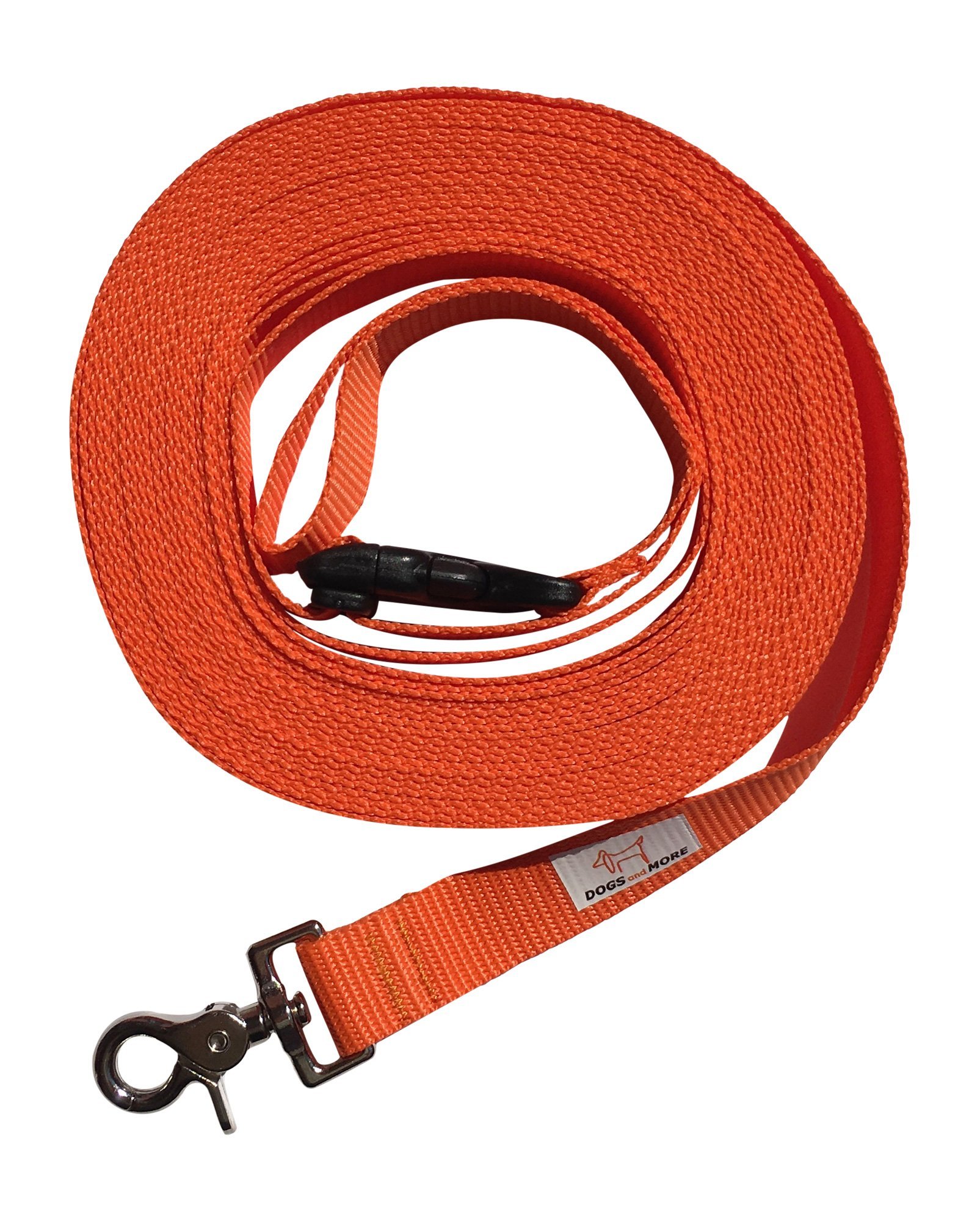 DOGS and MORE – EXTENDABLE Tracking / Training / Recall Leash with RELEASABLE wrist strap - 10 meter / 33 feet (Orange, 25 mm wide)