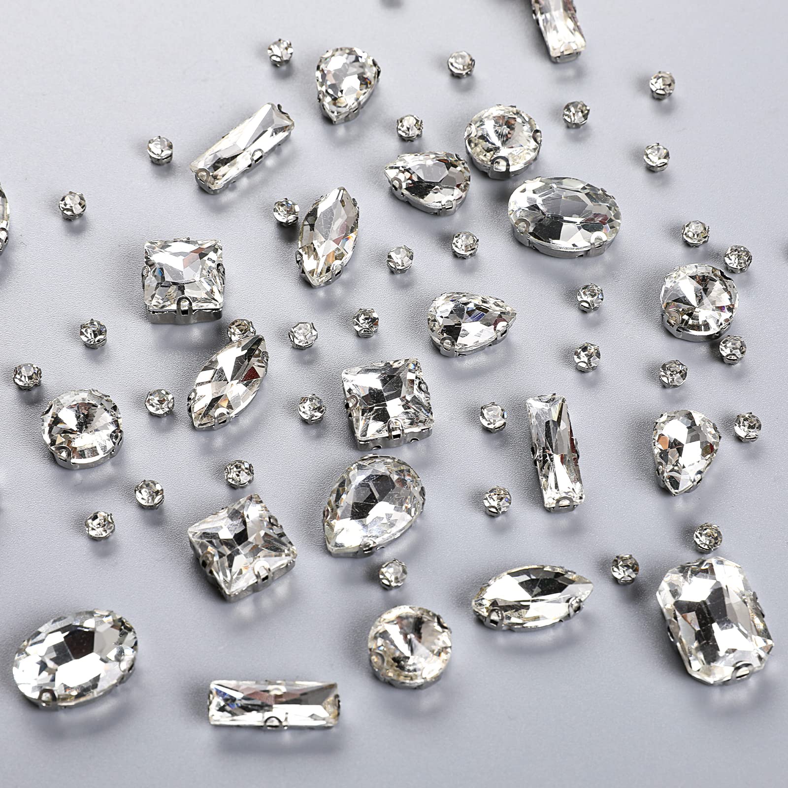 240 Pieces Large Sew on Rhinestones Clear Glass Crystal Gems for Crafts Mix Shapes Metal Flatback Claw Rhinestones Gems for Jewelry Crafts Clothes Shoes Costume