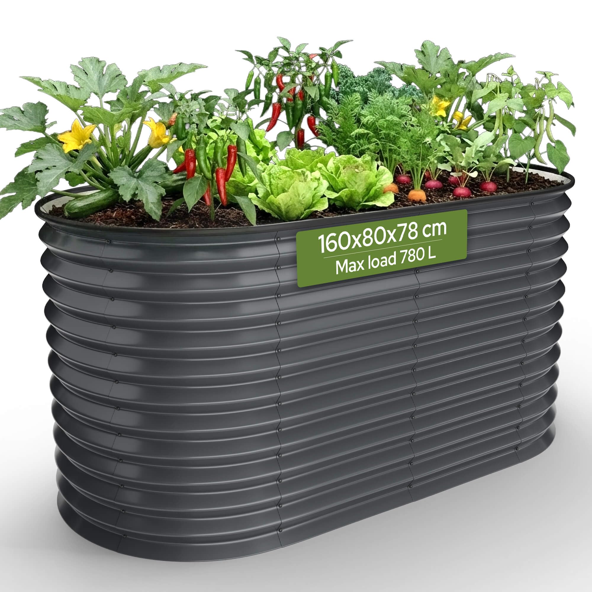 Arebos Hochbeet oval Metall 160x80x78 cm Anthrazit | Gartenbeet verzinkter Stahl rostfrei mit Gummikante 780 L, Stabil mit Querstreben | Gemüsebeet ideal für den Garten | für Gemüse, Kräuter & Blumen