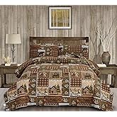 Moose Bear Quilt Set King Size Rustic Cabin Bedding Set Plaid Reversible Quilts Home Lodge Bedspread Coverlet Wildlife Bears Pine Tree Bedding Woodland Plaid Patchwork Quilted Bed Spread Country Decor