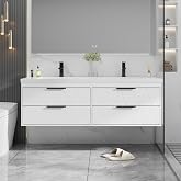 eclife 60" Floating Bathroom Vanity with Sink Combo, Modern Wall-Mounted Vanities Cabinet W/Decor Lines, Soft-Closing Drawers, Double White Sink, Faucet &amp; Drain, White