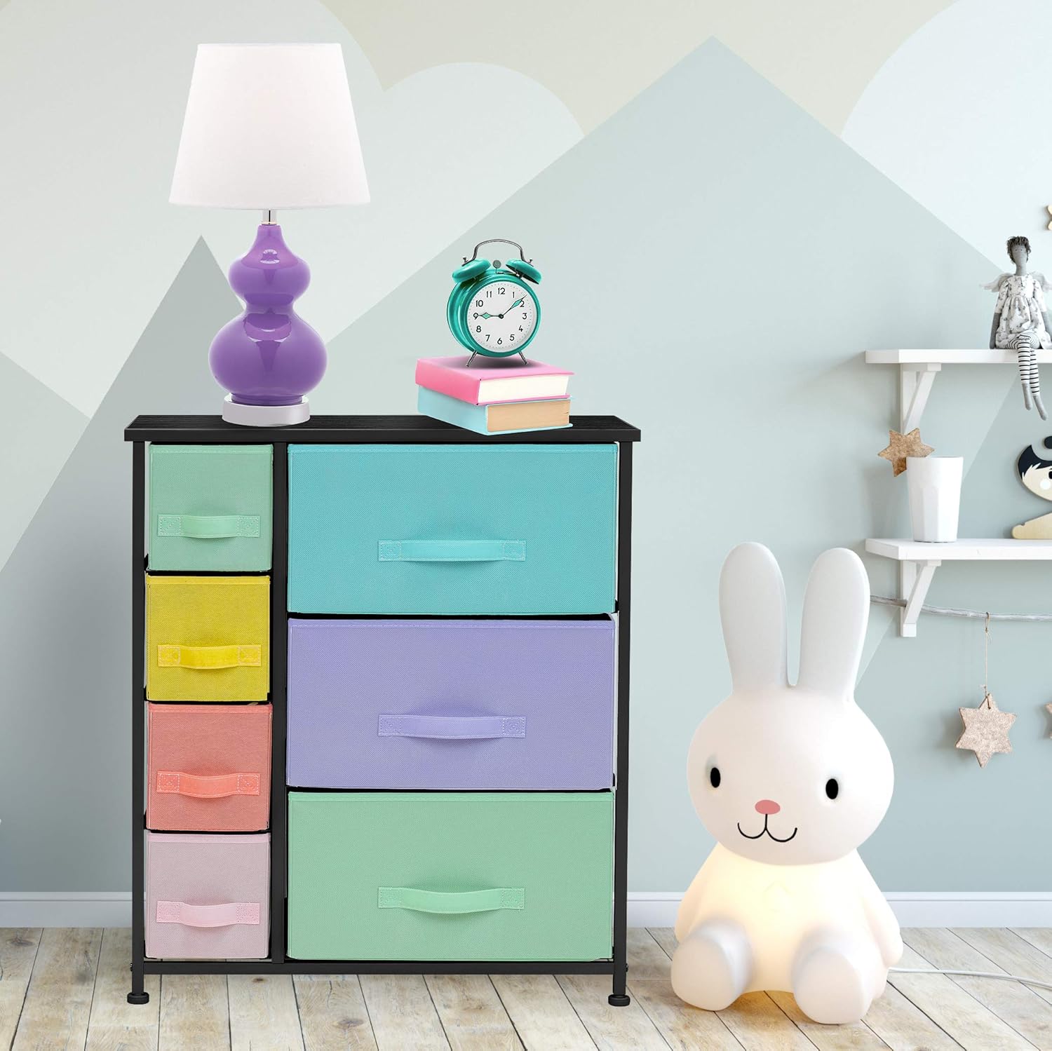 Sorbus Dresser with 7 Drawers - Furniture Storage Chest for Kid’s, Teens, Bedroom, Nursery, Playroom, Clothes, Toy Organization - Steel Frame, Wood Top,Fabric Bins (7-Drawer, Pastel/Black): Baby