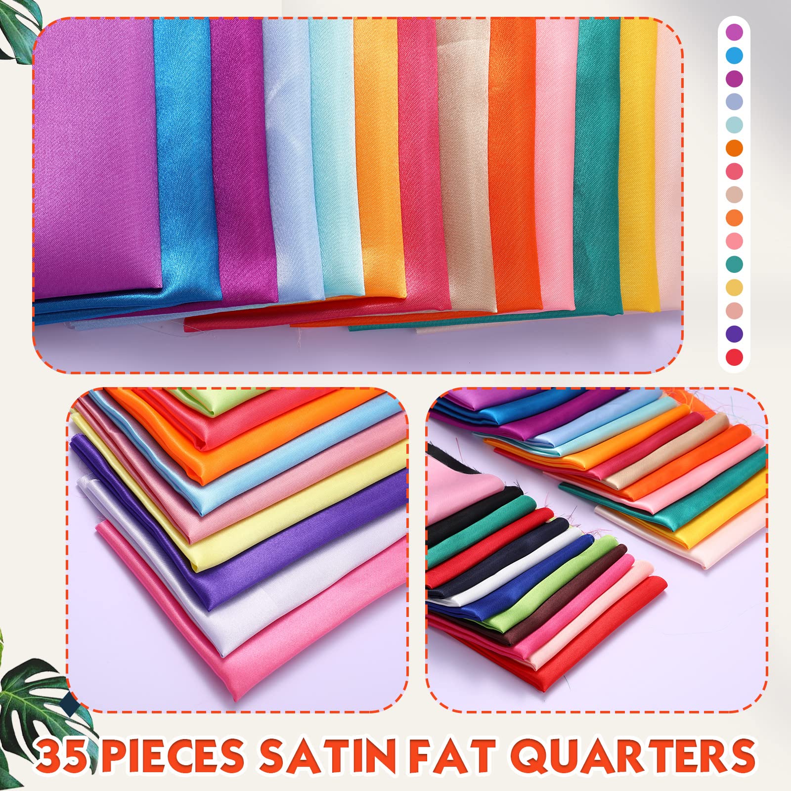 35 Pcs Satin Fat Quarter 35 Solid Color Silky Satin Patchwork Fabric for Bundle Lining Polyester Quilting Wedding Bridal Dress Table Decorations Costume Sewing Apparel Crafts (10 x 8 Inch)