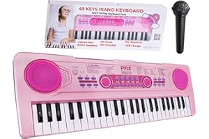 Pyle Electric Keyboard 49 Keys – Portable Digital Piano with 100 Rhythms, 100 Tones, 50 Demo Songs, Rechargeable Battery, Wired Microphone – Beginner Keyboard for Kids and Adults, Pink (PKBRD4912PK.3)