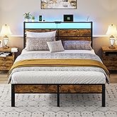 Liians Queen Size Bed Frame, Queen Bed with Charging Station Headboard and LED Lights, Platform Bed with Metal Slats, No Box Spring Needed
