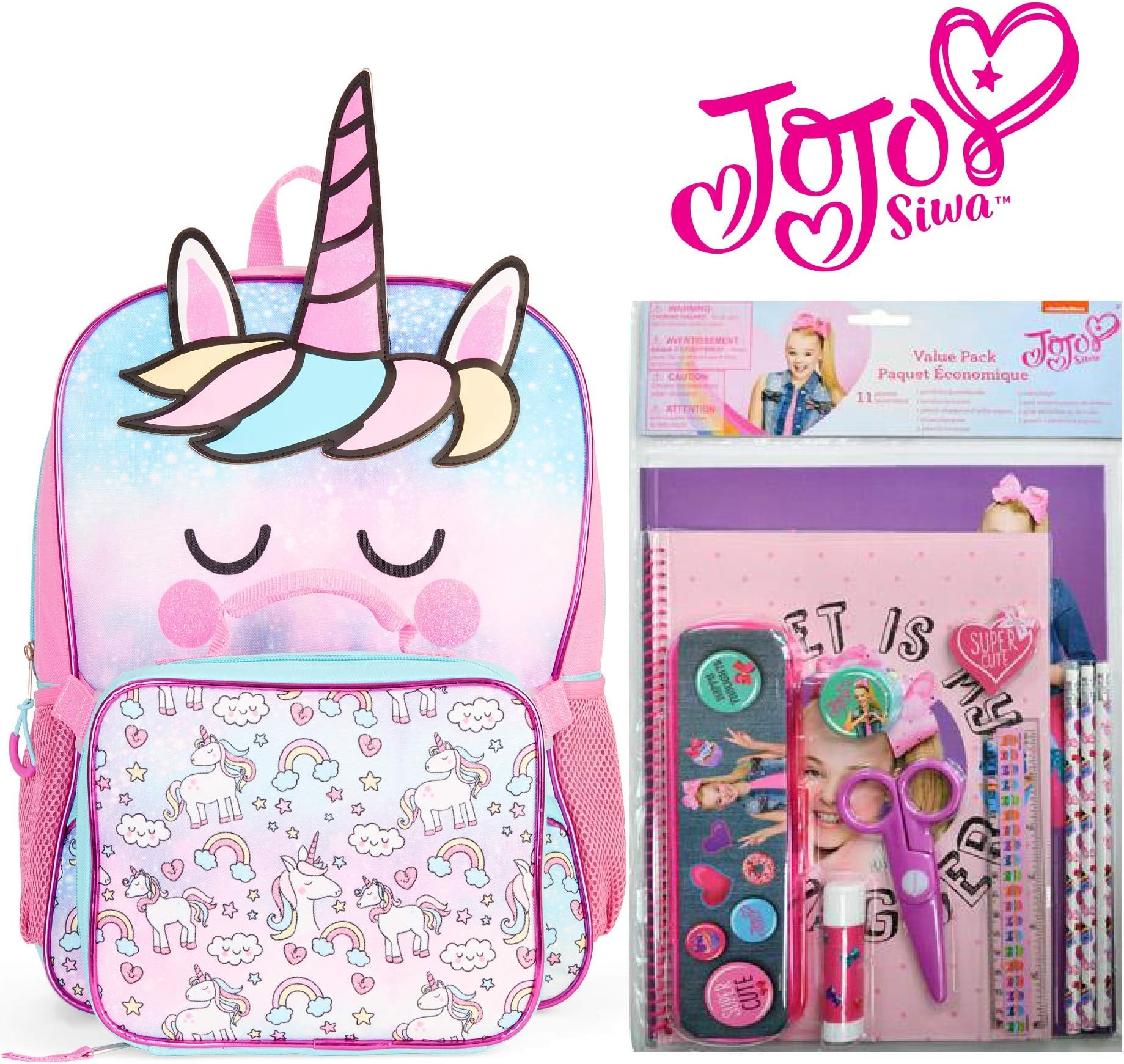 Jojo Siwa Back To School 11 Piece Set with Backpack for Girls (Rainbow Unicorn)