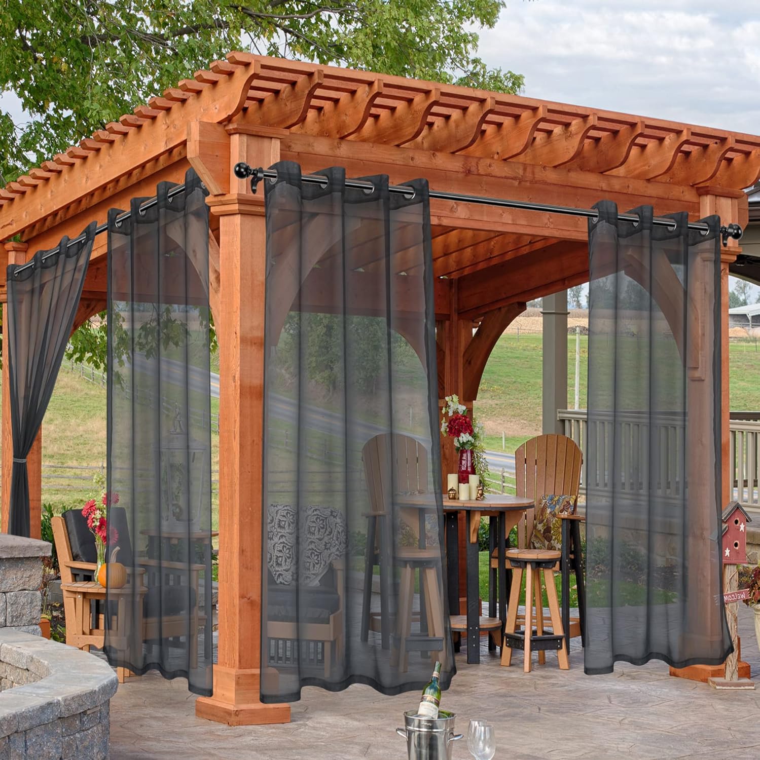 Outdoor Curtains - HolidayIdeas Outdoor Sheer Curtains for Patio Waterproof, 4 Panels - 54 x 95 Inch - Grey Light Filtering Voile Outside Curtains Grommet Drapes for Front Porch, Gazebo, Pergola, Backyard