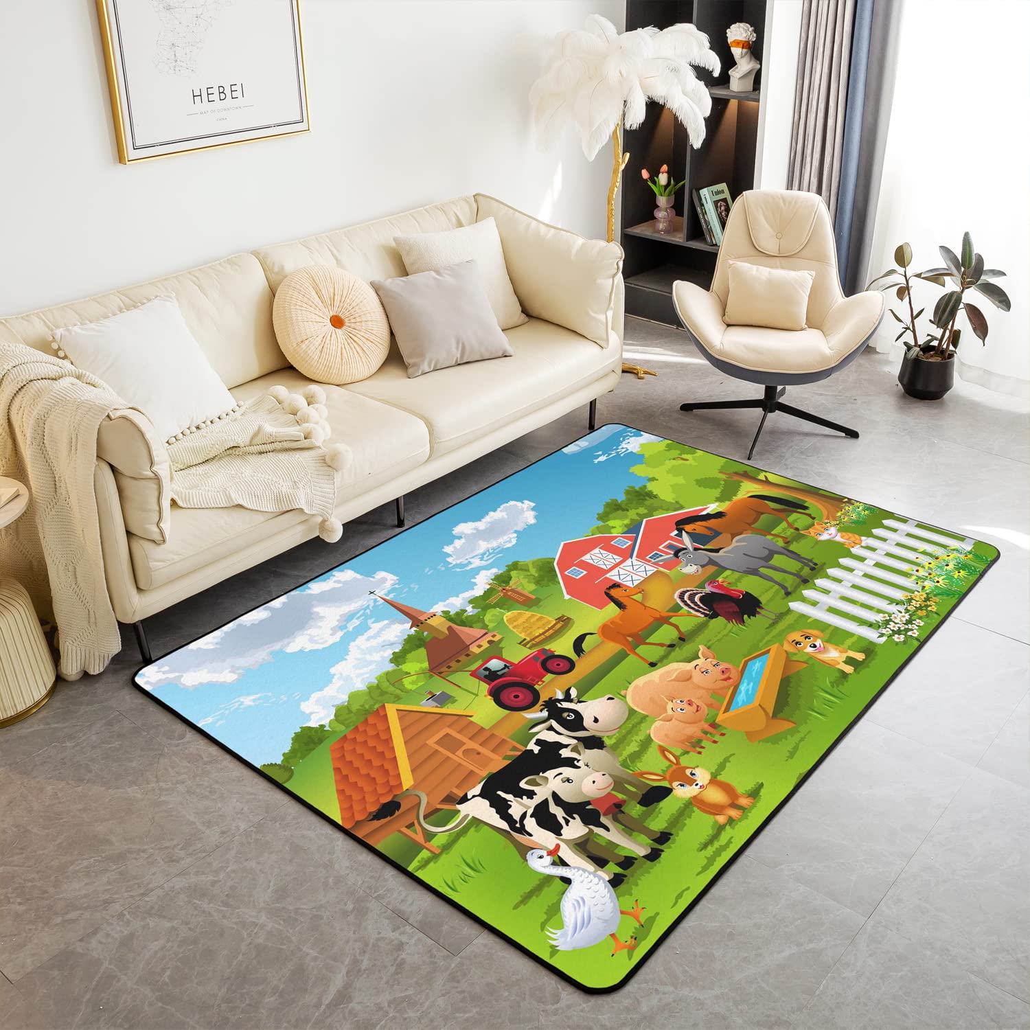 Loussiesd Cute Milk Cow Area Rug Cartoon Pig Horse Dog Decorative Area Rug Home Decor Tractor Farm Animals Yellow Green Farm Nursery Accent Rug 100 * 150cm โ image 1