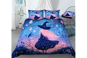 REALIN Cartoon Witch Bedding Halloween Decor for Witch Lovers Duvet Cover Set Girl Boy Kids Bed Sets 3/4PCS Quilt Covers/Sheets/Pillow Shams,Twin/Full/Queen/King (A,Twin-172x218cm-3PCS)