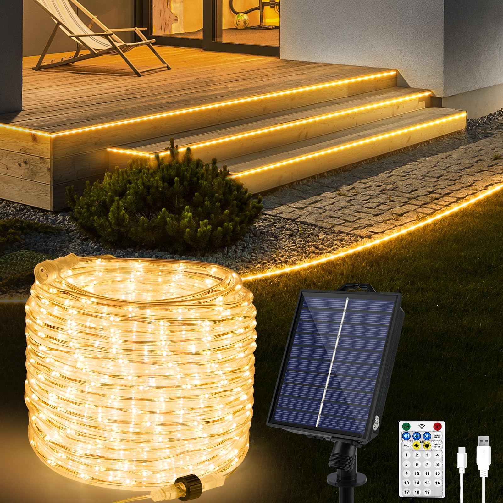 Photo 1 of OMIKA 50ft 600 LEDs Solar Rope Lights, USB Charging, 20 Lighting Modes, Dimmable Timer Remote Control, IP68 Waterproof for Outdoor Trees, Parties, Gardens, Weddings, Christmas Decorations