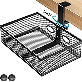 Pulchrum Under Desk Drawer Organizer Clamp On - 360° Swivel Metal Mesh Storage Basket, Hidden Rotating Desktop Tray for Standing Desk, Office Supplies & Gaming (No Drill, Black)