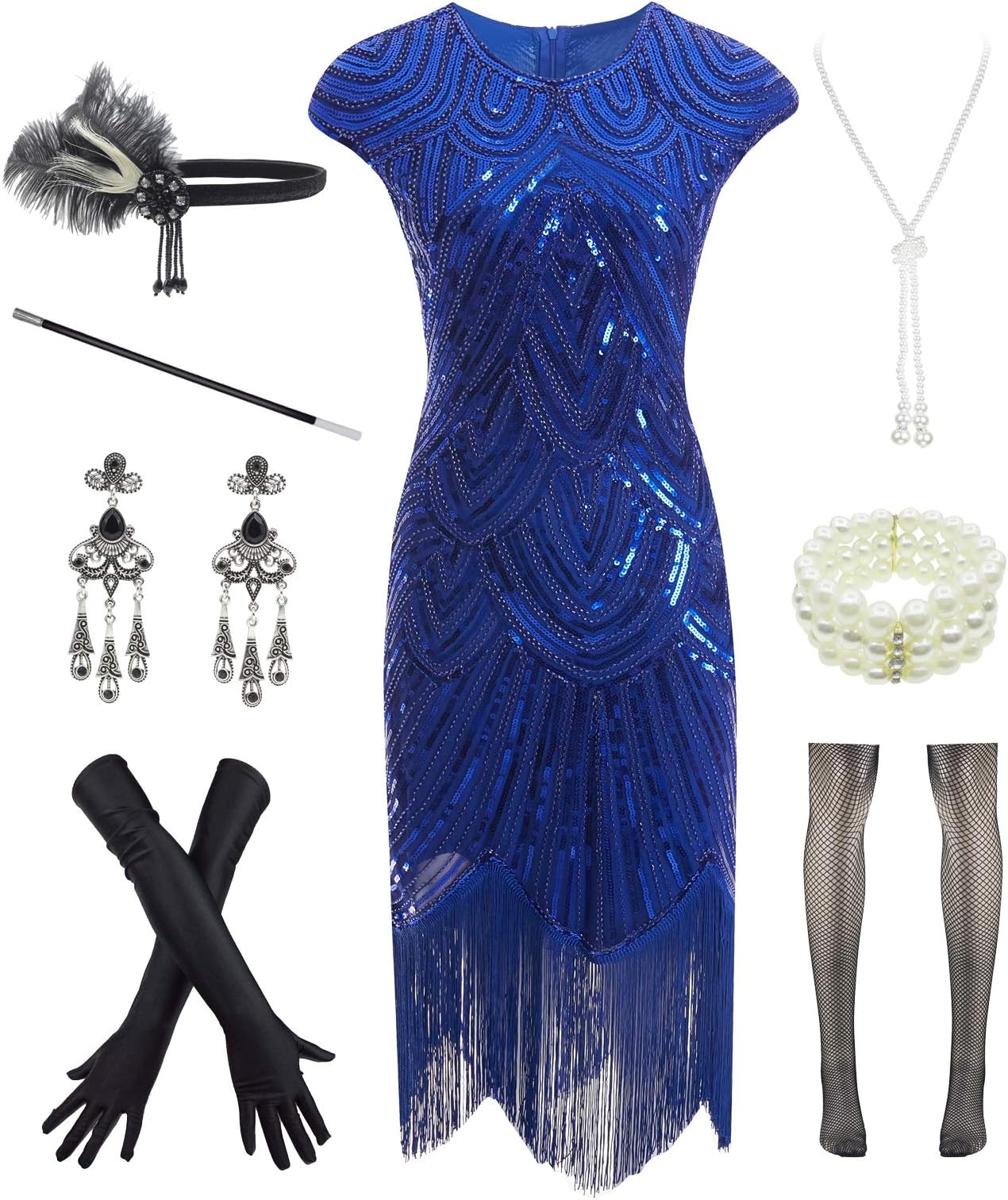 Women 1920s Vintage Flapper Fringe Beaded Gatsby Party Dress with 20s Accessories Set