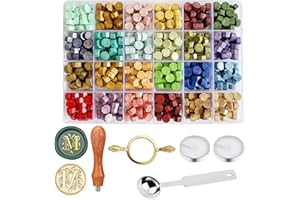 KKJCXY Wax Seal Stamp Kit - Sealing Wax Beads in 24 Colors with Personalized Letter Stamp,Steel Melting Spoon,Tea Candles and Round Molds – Perfect for Wedding Invitations,Envelopes(M)