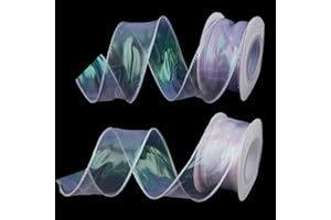 letsinstyle 1.6 Inch x 18 Yards Wired Organza Ribbon, 2 Rolls x 9 Yards Sheer Iridescent Ribbons, Sparkly Fishtail Yarn Trims