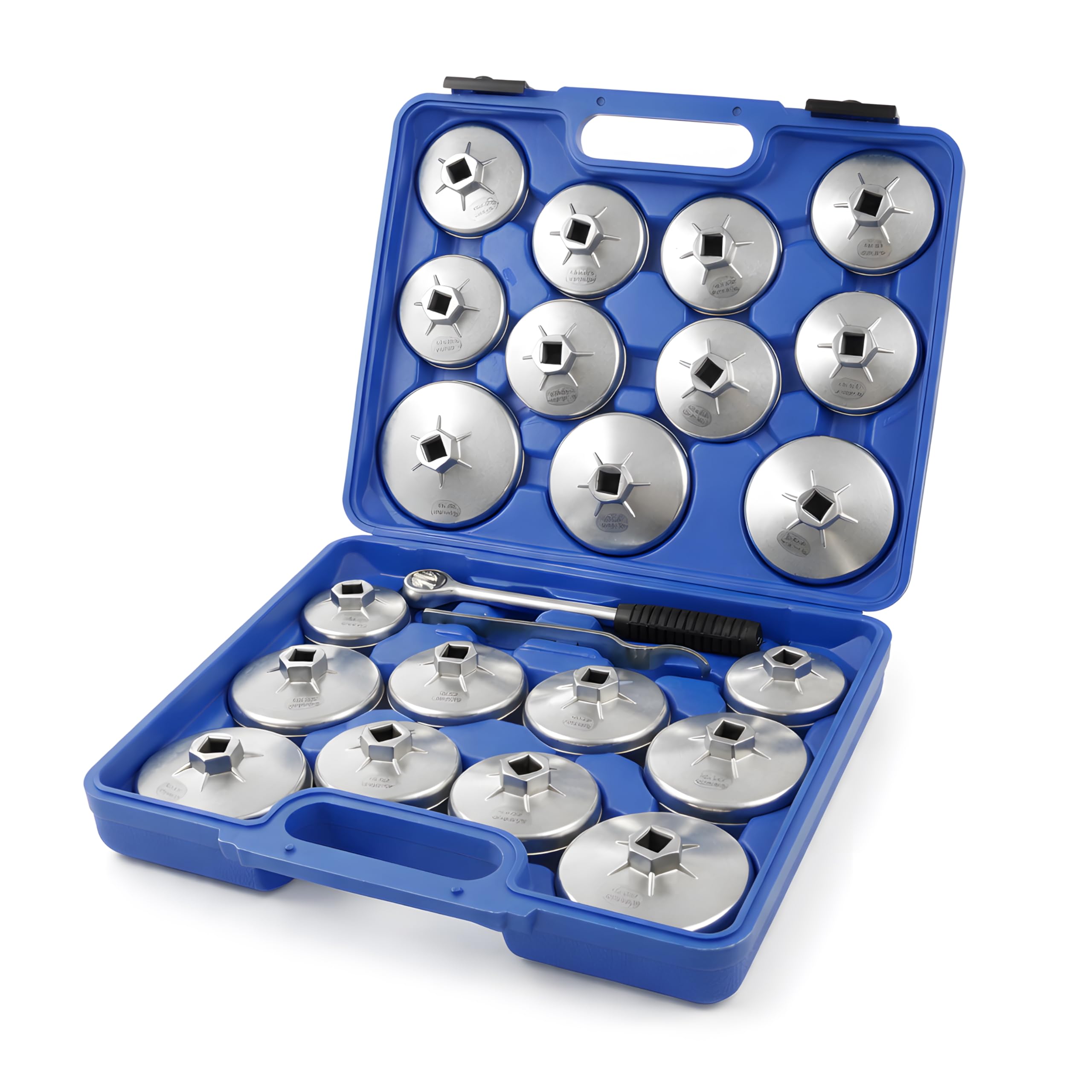 KATSU Oil Filter Socket Wrench Cup Set 23PCs, 1/2-Inch Hex Drive 65-101mm Aluminium Oil Filter Socket Removal Tool for Garage Car Auto Repairing with Storage Case 450256