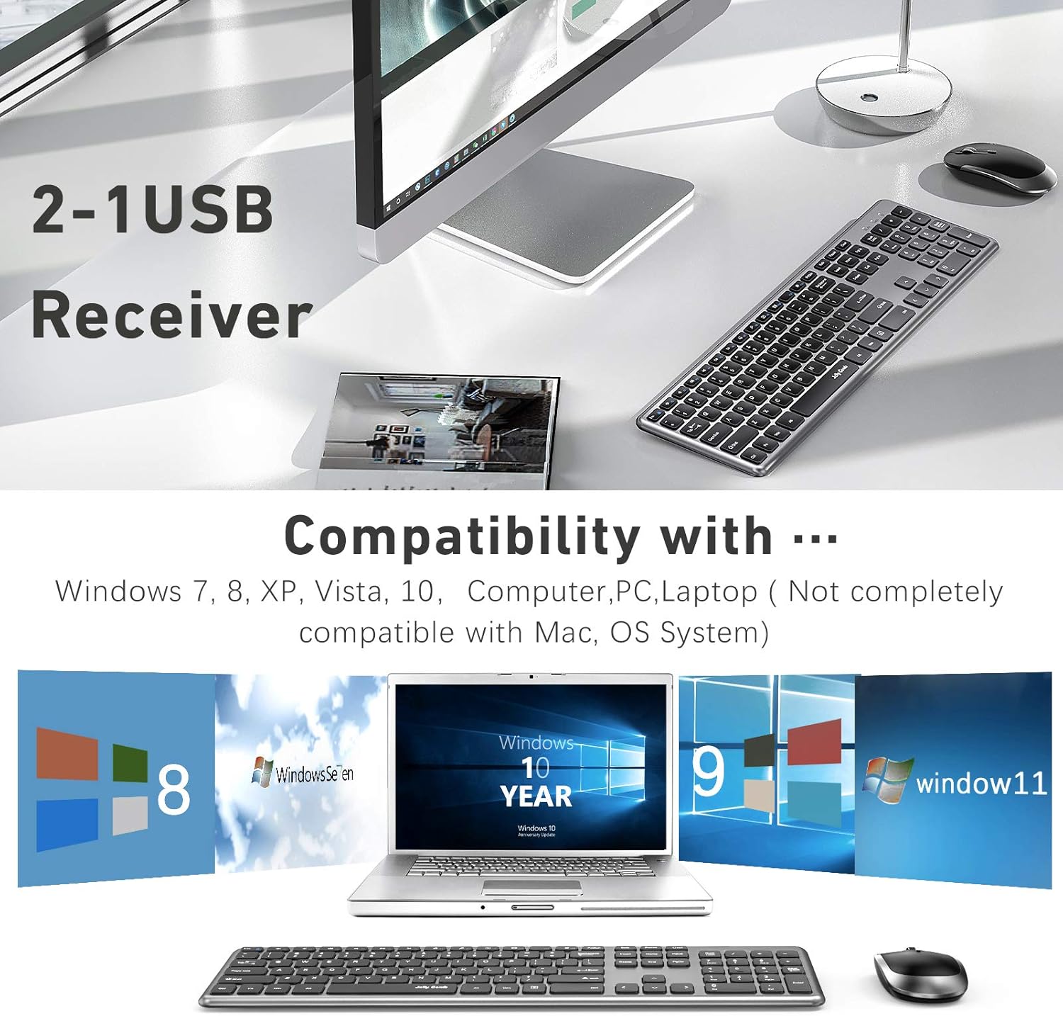 Wireless Keyboard and Mouse Combo, Jelly Comb KUT027 Wireless Keyboard and Mouse 2.4GHz Full Size Ultra-Thin Keyboard Mouse for Computer, Laptop, PC, Desktop, Windows 7, 8, 10 -Black and Sliver: Computers & Accessories