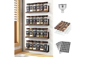 KitHero Wooden Lid Magnetic Spice Rack with 24 Jars, 216 Labels, 1 Steel Funnel for Refrigerator，Microwave Oven - Full Set of