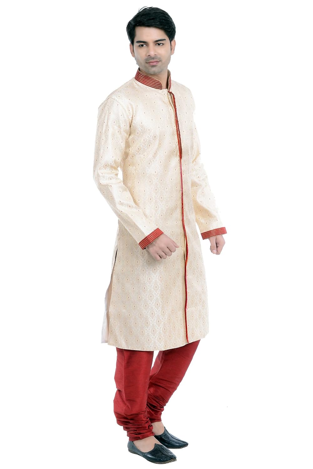 vastramay men silk cotton sherwani style kurta set (gold_vasmsw001npma)