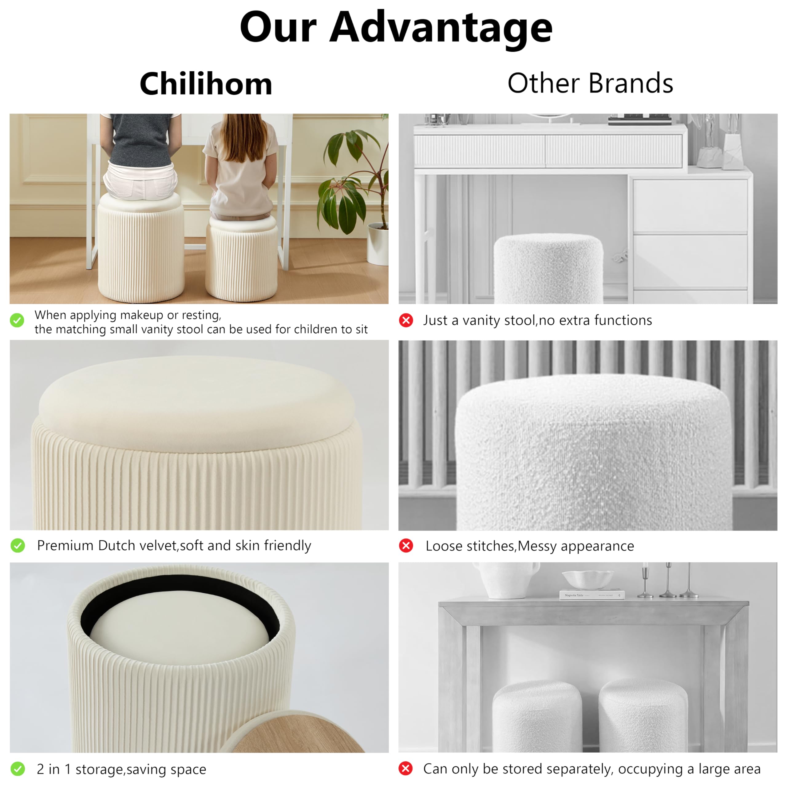 Chilihom Round Ottoman with Storage Set of 2 Upholstered Velvet Vanity Stool for Makeup Lines Support 300lbs Ottomans Multifunctional Foot Rest Coffee Table Padded Seat for Living Room&Bedroom-Beige - Image 7