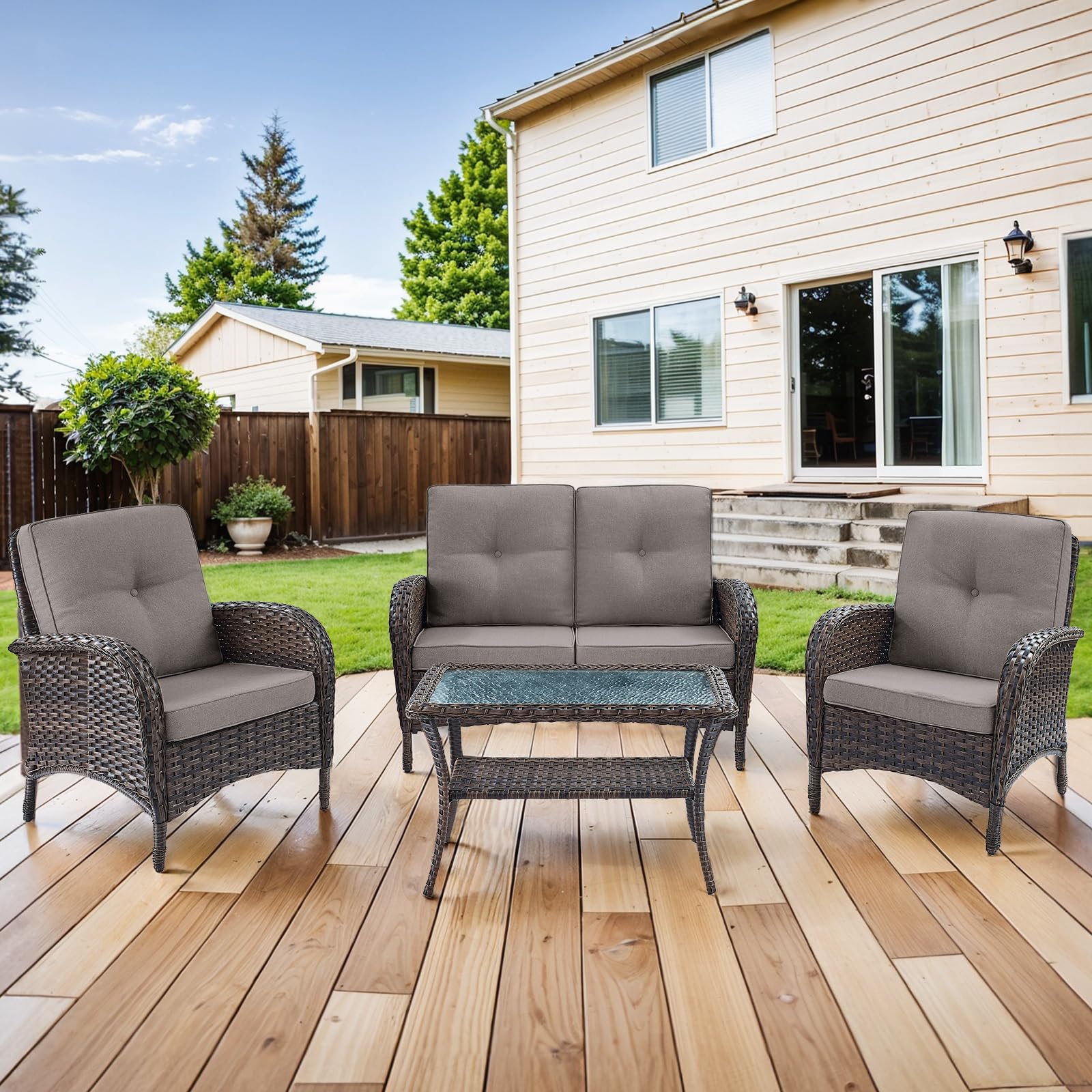 HUMMUH 4-Piece Patio Furniture Wicker Outdoor