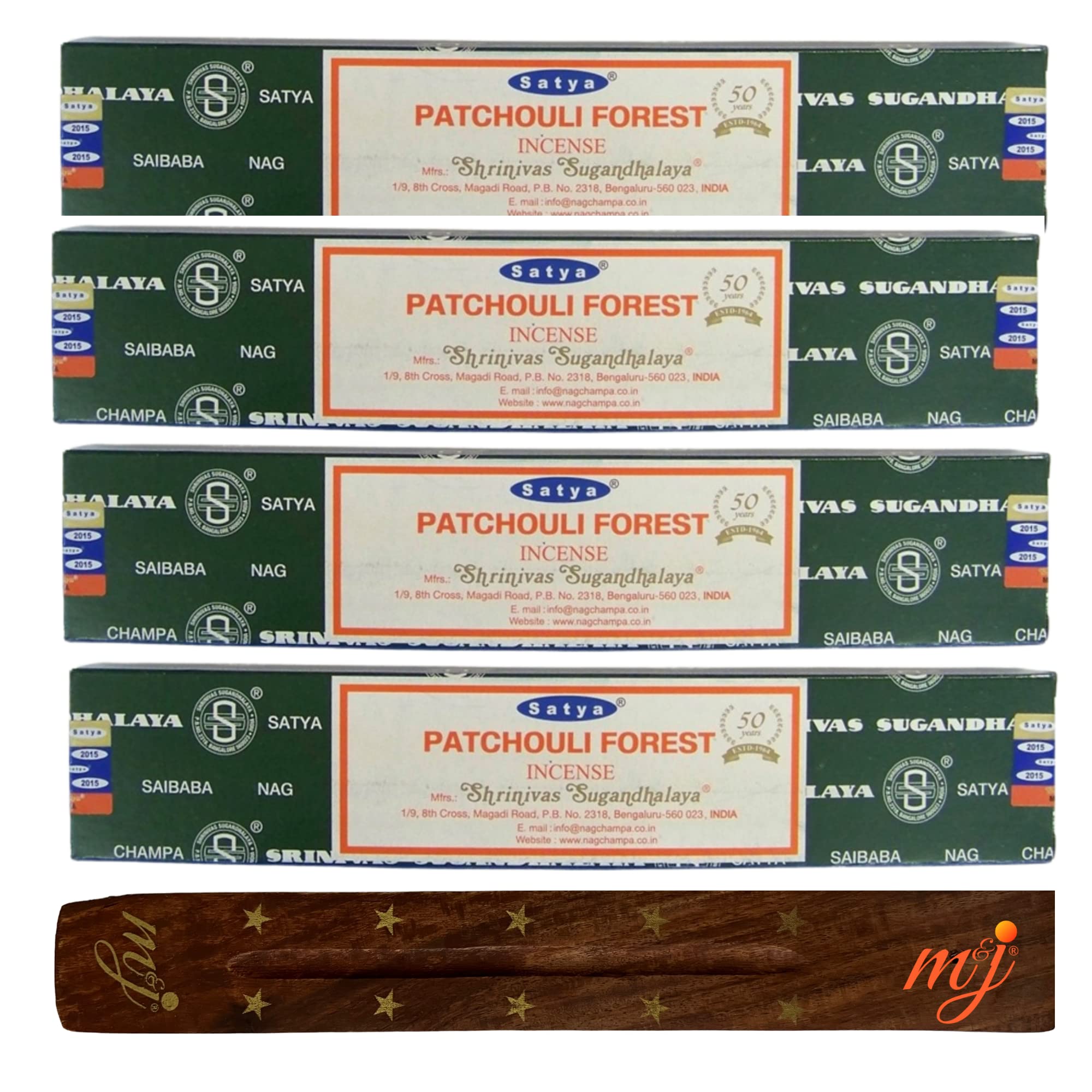 Original Satya Nag Champa Patchouli Forest Sticks | with M&J incense sticks holder | x4 pack | for Aromatherapy, Spa, Yoga, Weddings, Meditation, Healing, Positivity and Relaxation — image 1