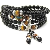 Om Shanti Crafts Mala Beads Stretch Bracelet Black Obsidian &amp; Tiger Stone, Buddhist Prayer Beads, Yoga Bracelets, Wear for Daily Meditation &amp; Spiritual Growth, 6mm Meditation Beads, Unisex