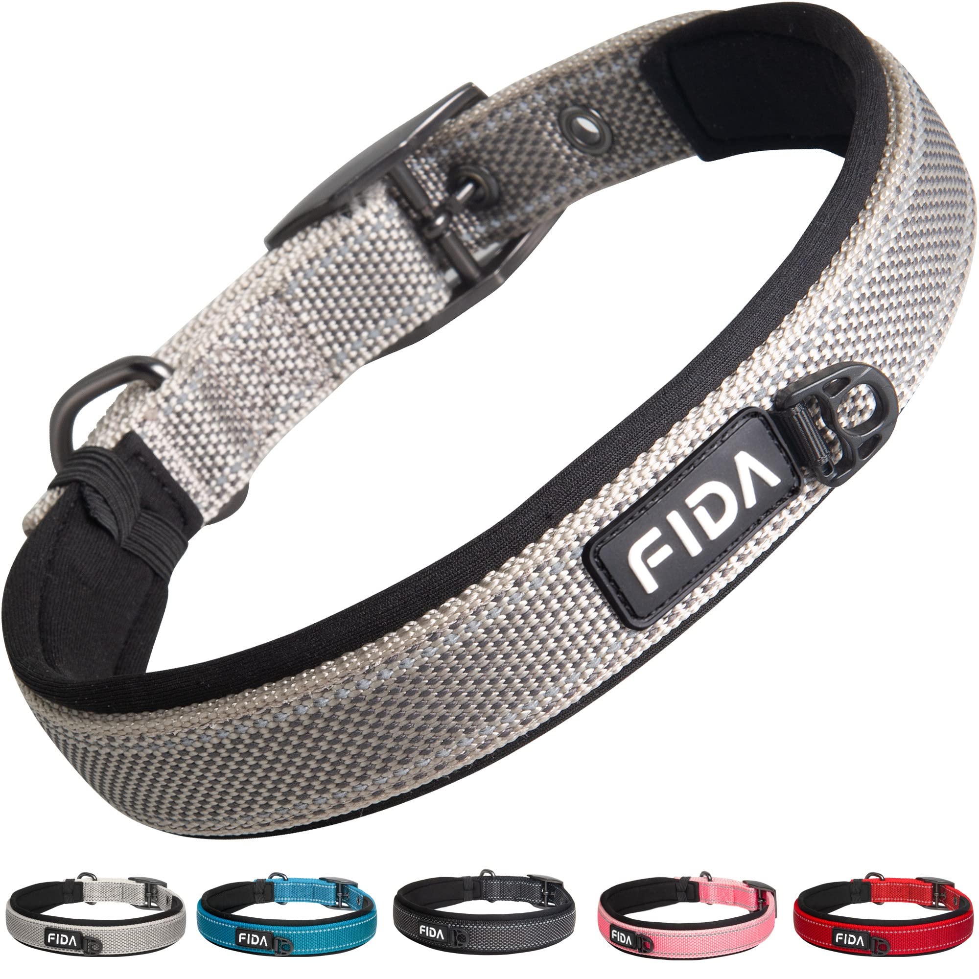 Fida Padded Dog Collar, Metal Belt Buckle Dog Collar with Double-Layer Webbing, Heavy Duty Collar for Medium Dogs, Grey