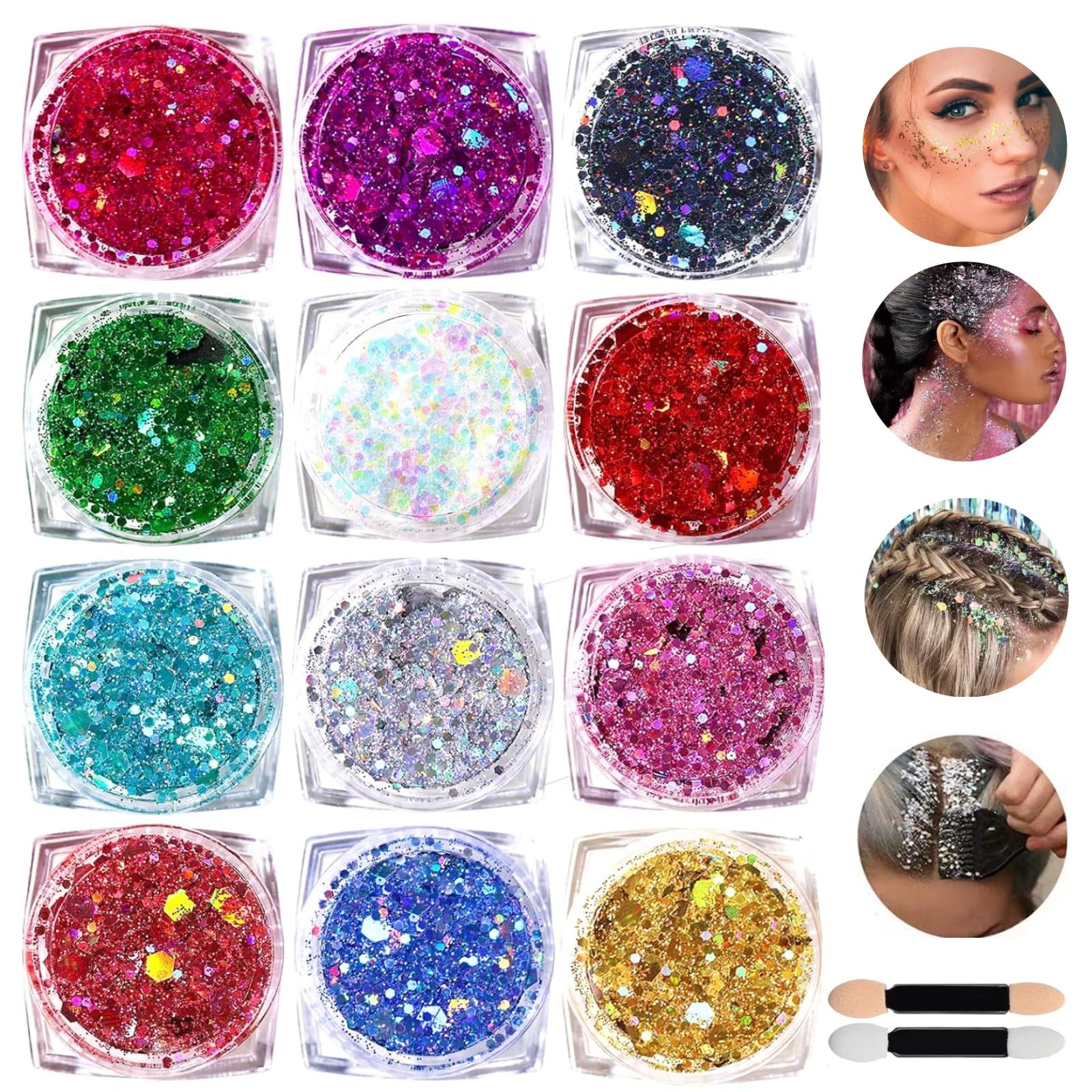 Face Glitter Body Glitter Gel - 12Pcs Festival Glitter for Face - Eyeshadow Hair Sequins for Makeup - Chunky Glitter for Festivals, Parties, Raves - Brightly Coloured Festive Accessories
