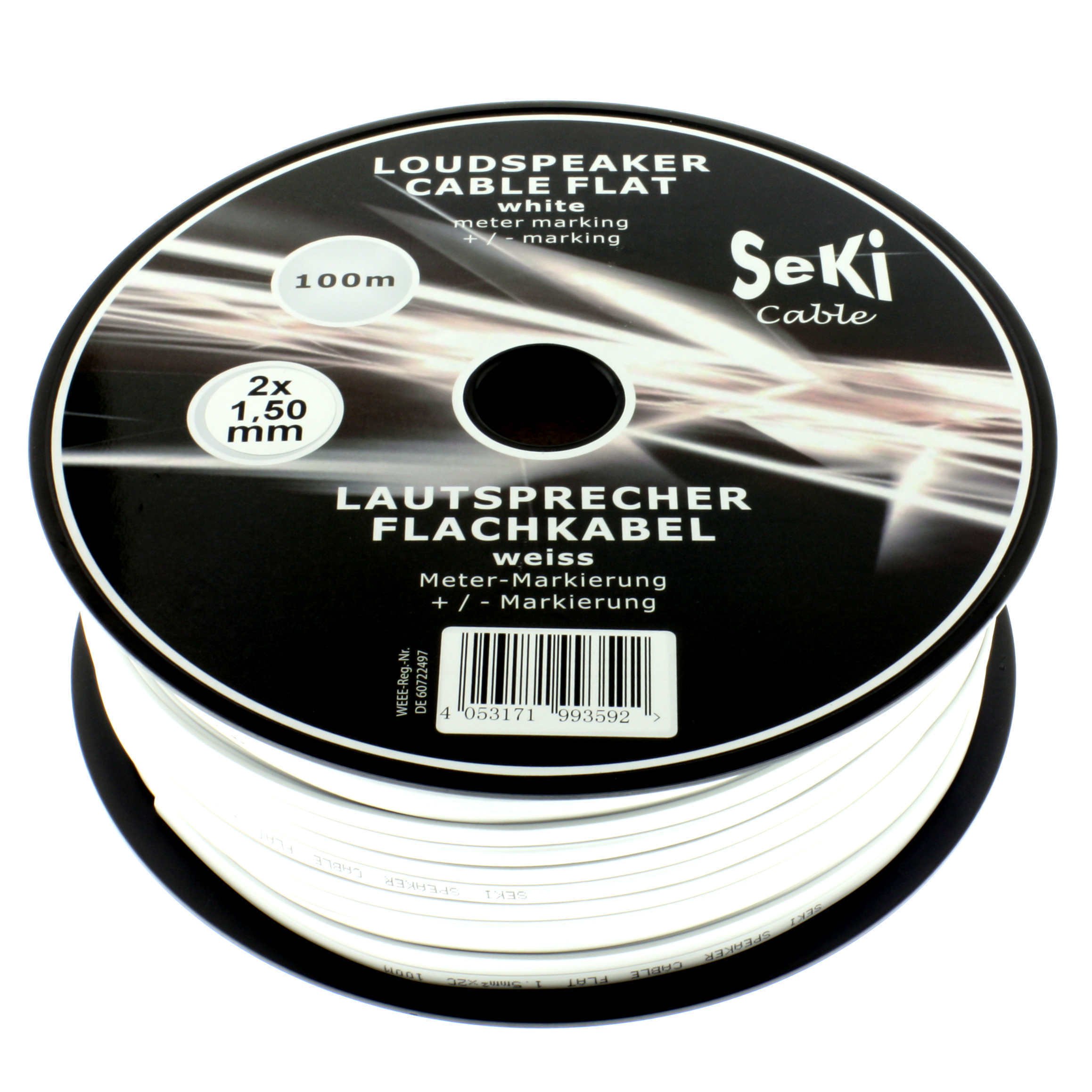 Speaker Cable Flat 2 x 1.5 mm² – White – 100 m Spool – CCA – Audio Cable – Speaker Cable