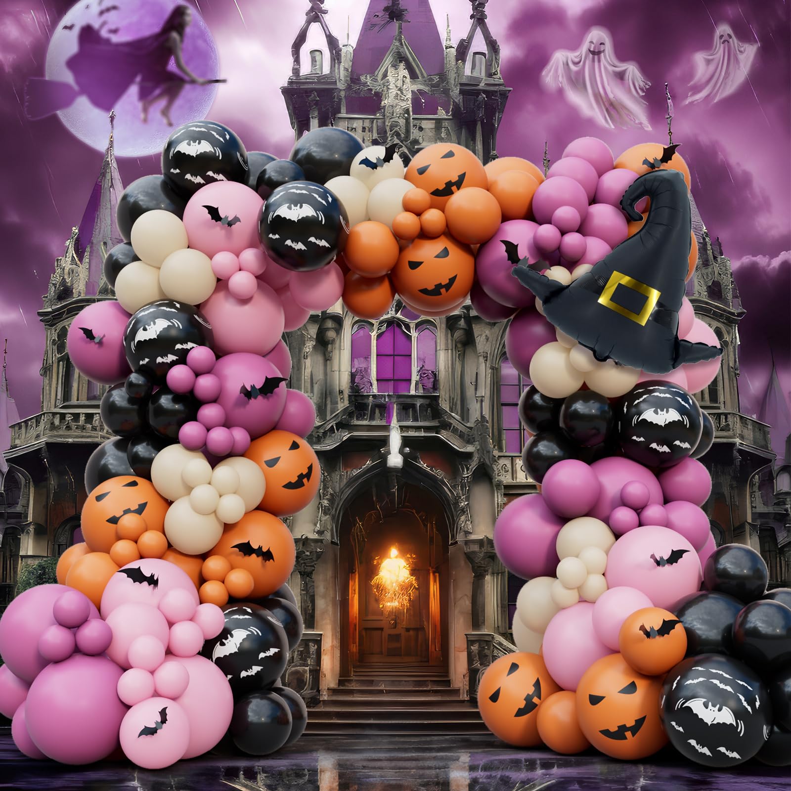 Photo 1 of 196Pcs Halloween Balloons Garland Arch Kit with Spider Ghosts Foil Balloons Pink Black Orange Sand White Balloons for Kids Halloween Spooky Costume Party Decorations