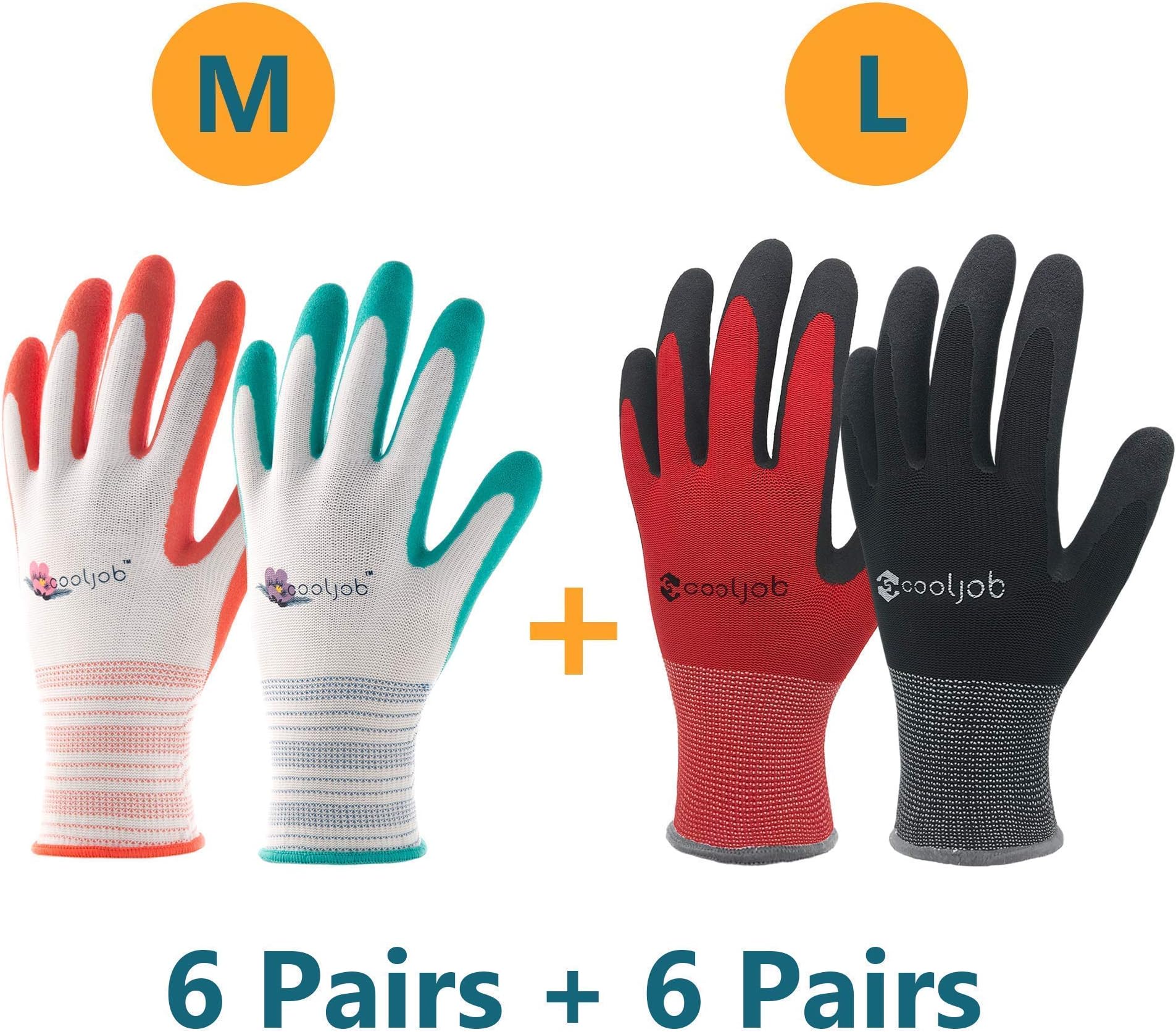 COOLJOB Medium Gardening Gloves for Women 6 Pairs & 6 Pairs Large Gardening Gloves for Men, Bundle Pack