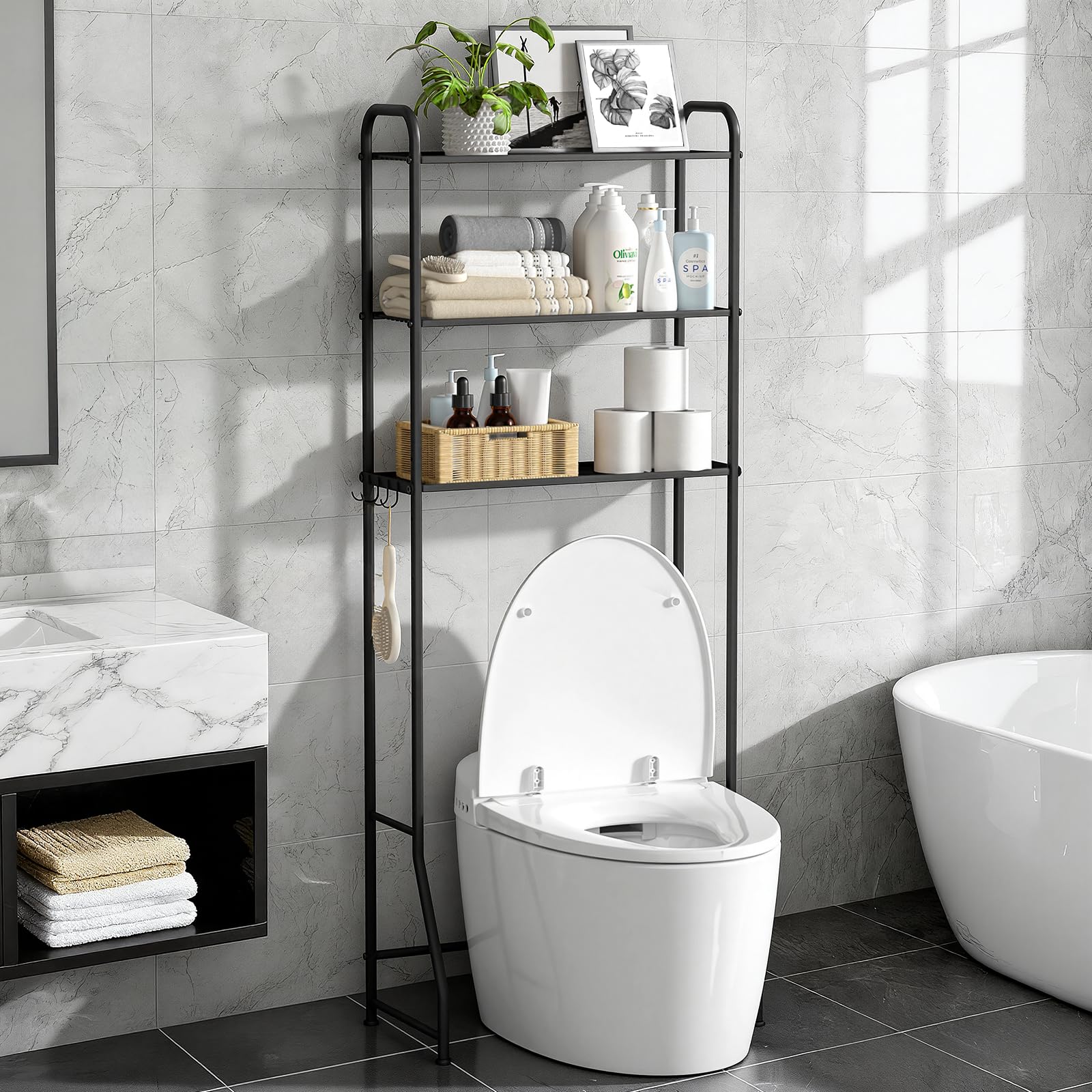Photo 1 of **UNTESTED**
neatevday 3 Tier Over The Toilet Storage Rack, Bathroom Organizer Shelf Over Toilet with 4 Hook, Space Save Freestanding Metal Bathroom Shelves