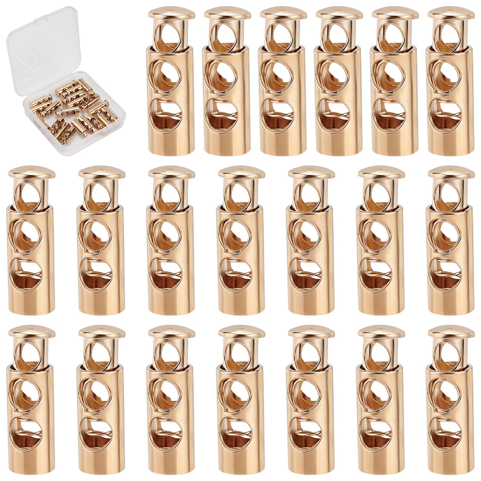 GORGECRAFT 1 Box 20Pcs Alloy Toggle Stoppers Double Hole Cord Locks Spring Loaded Stop Sliding Cord Fastener Locks Buttons for Sweatpants Drawstrings Backpacks Shoelace Replacement Accessories, Gold