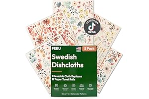 FEBU Swedish Dishcloths for Kitchen | 5 Pack Watercolor Reusable Paper Towels Washable | Swedish Dish Towels | Non-Scratch Cellulose Sponge Cloths | No Odor, Biodegradable Cleaning Cloths