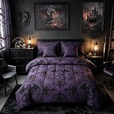 Feelyou Damask Comforter Set with Sheets 7 Piece Queen Size Purple Black Dragon Bedding Set for Kids Boys Girls Jacquard Bed in a Bag Vintage Damask Floral Room Decor Soft Lightweight Microfiber