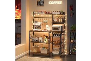Mexin Large Bakers Rack with Power Outlets-6 Tier Microwave Stand with Storage, Coffee Bar with 10 S-Shaped Hooks, Kitchen Shelf with Wire Basket,Rustic Brown
